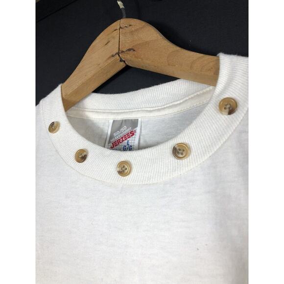 Vintage 1980s Jerzees Grid Tag 50 50 Blend T Shirt Buttons Collar Large Mens - Picture 1 of 8